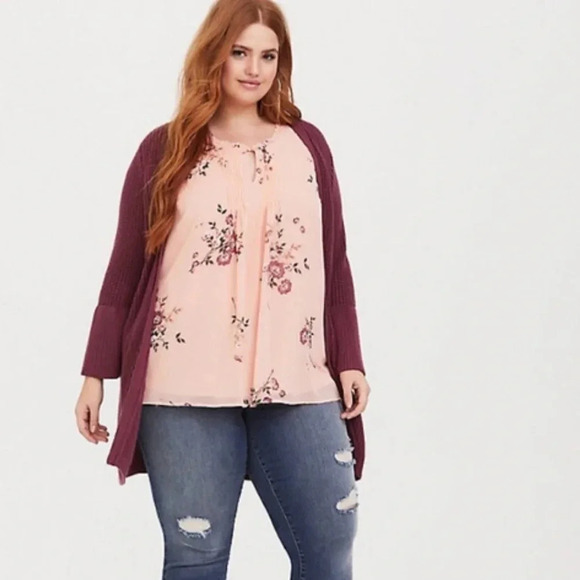 Torrid Peach Floral Chiffon Ruffle Trim Keyhole Sleeveless Tank Top Size 1X - Picture 2 of 9